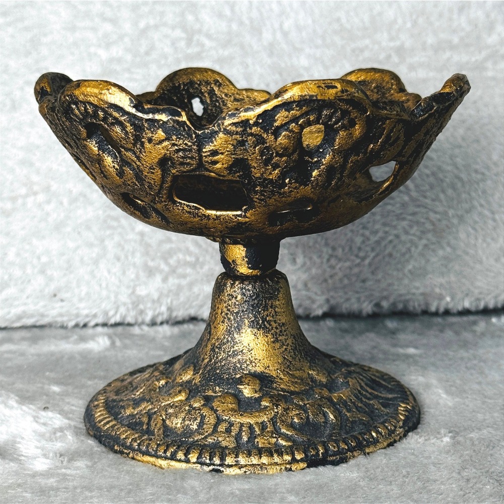 Vtg.‎ Cast Iron Pedestal Bowl Black Gold Ornate Compote Whimsy Goth Candy Candle